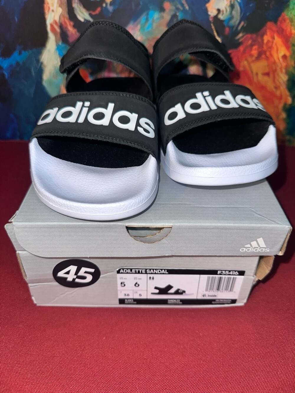 No.45 Adidas Adilette Sandal Size 5 Men, Women 6, Core Black White
